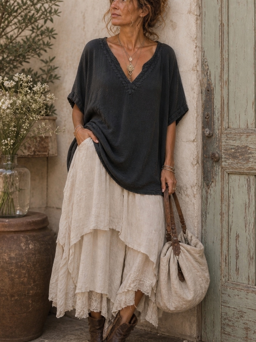 Black Textured Boho Tunic Top Oversized Lagenlook Soft Grunge